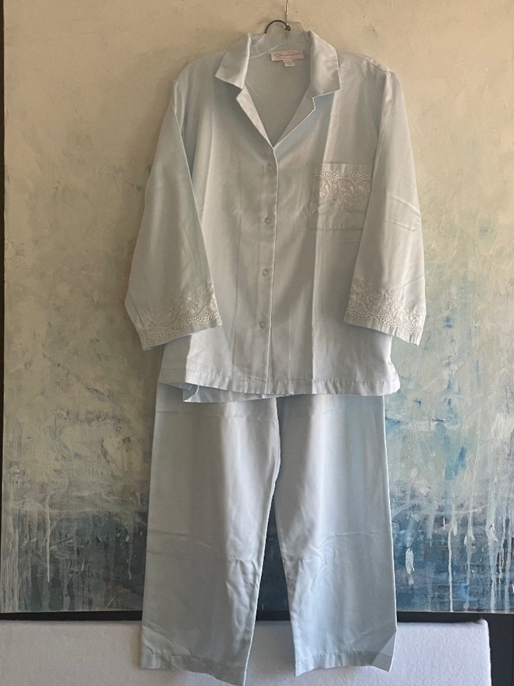 Vintage Oscar de la Renta Pink Label Light Blue Lace Trim Pajama Set Size M